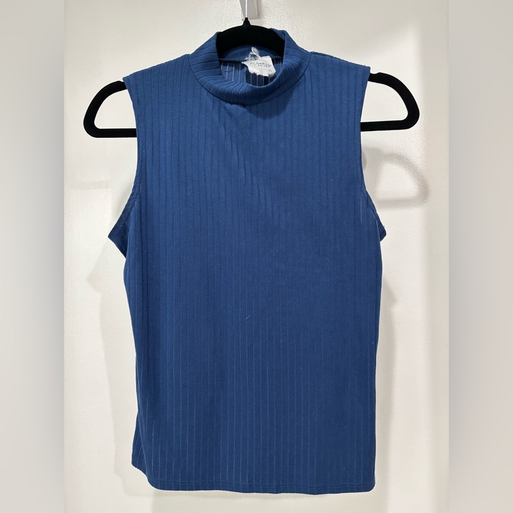 Sleeveless Ribbed Mock Neck Tank Top - Blue